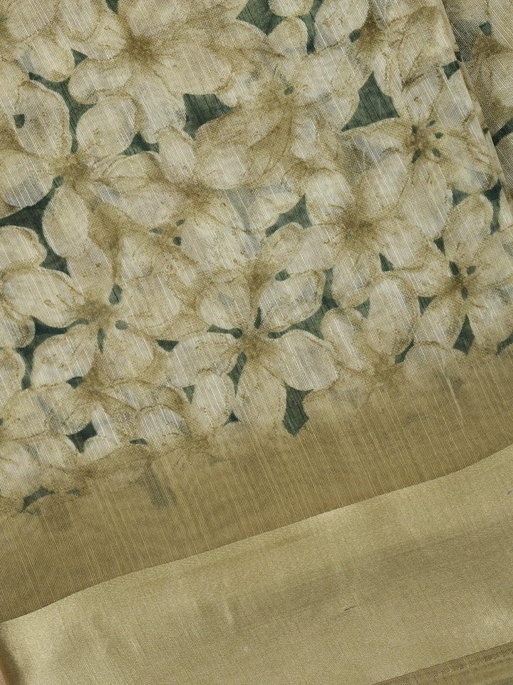 Light Olive Green Floral Printed Fancy Cotton Saree with Solid Zari Border - Diadem