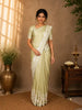 Light Olive Green Solid Design Tussar Saree with White Thread Embroidered Lace Border