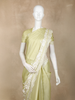 Light Olive Green Solid Design Tussar Saree with White Thread Embroidered Lace Border