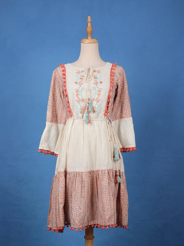 Light Orange Floral Designed Cotton Kurti - Diadem