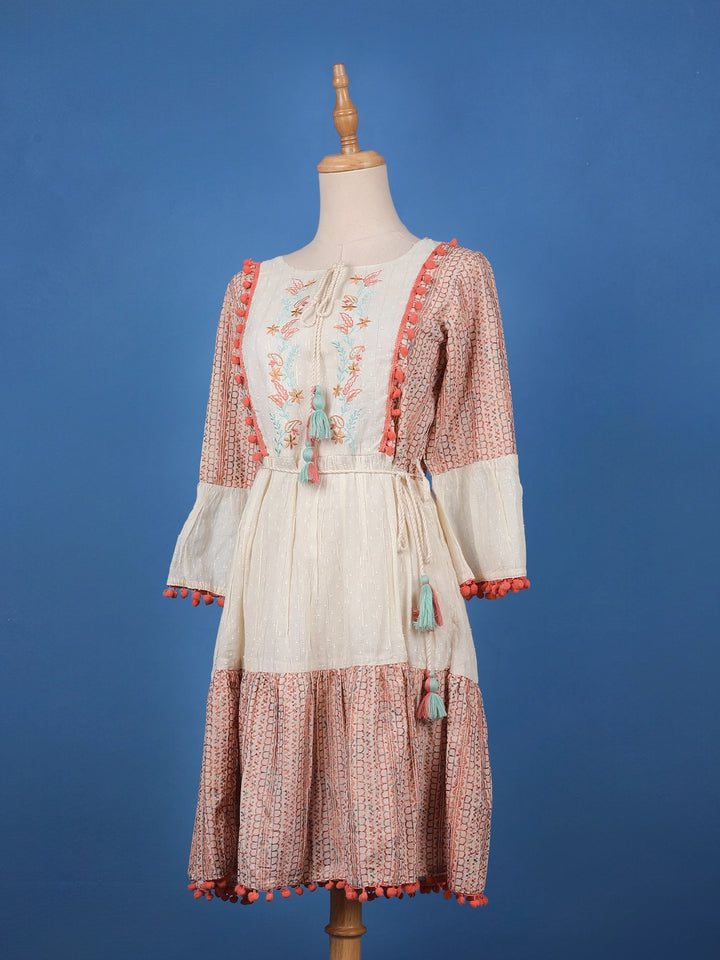 Light Orange Floral Designed Cotton Kurti - Diadem