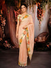 Light Peach Checked Woven Design Semi Silk Festive Saree with Floral Border