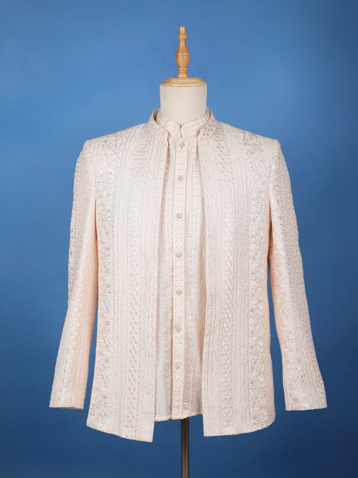 Light Peach Floral Embroidered Cotton Men's Suit - Diadem