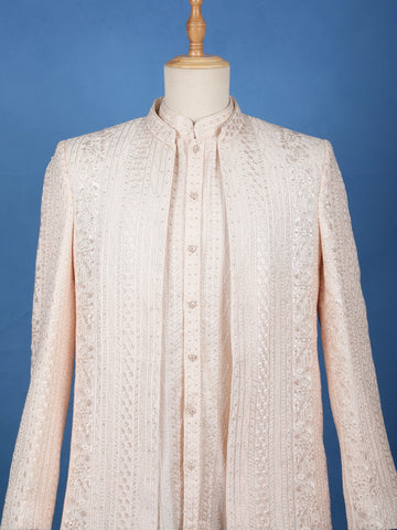Light Peach Floral Embroidered Cotton Men's Suit - Diadem
