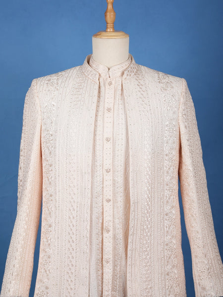 Light Peach Floral Embroidered Cotton Men's Suit - Diadem