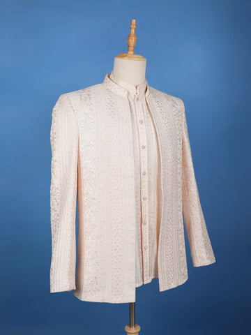 Light Peach Floral Embroidered Cotton Men's Suit - Diadem