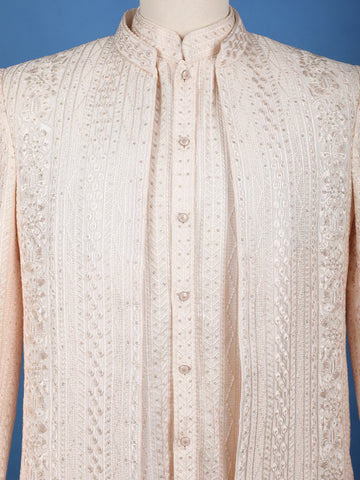 Light Peach Floral Embroidered Cotton Men's Suit - Diadem