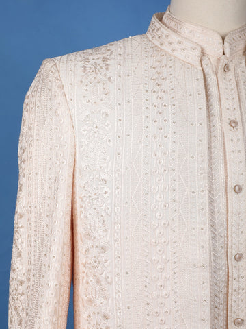 Light Peach Floral Embroidered Cotton Men's Suit - Diadem