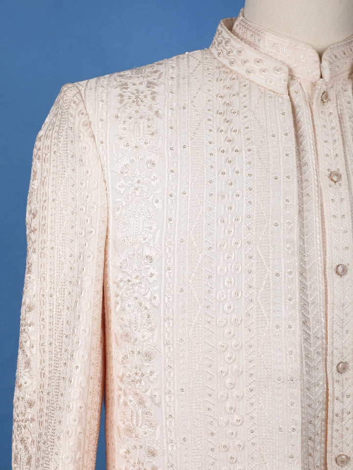Light Peach Floral Embroidered Cotton Men's Suit - Diadem