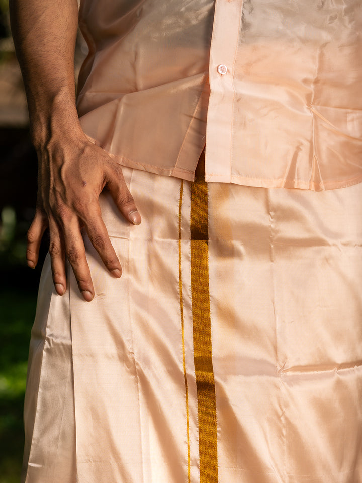 Light Peach Plain Semi Silk Full-Sleeve Shirt with Matching Dhoti Set - Diadem