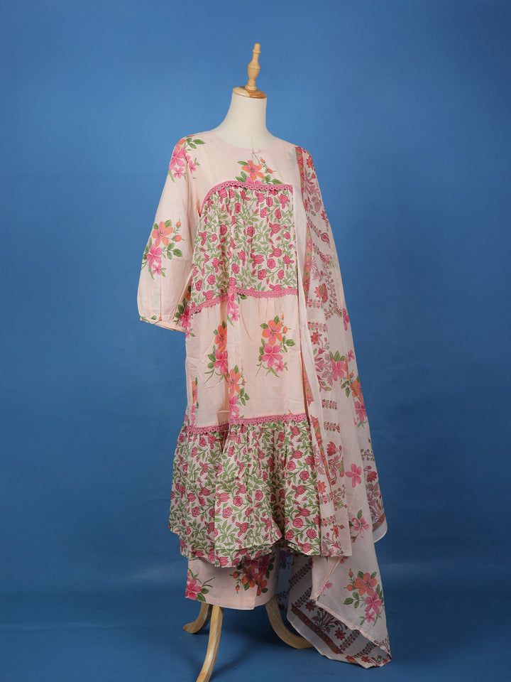 Light Pink Floral Design Printed Cotton Salwar Suit - Diadem