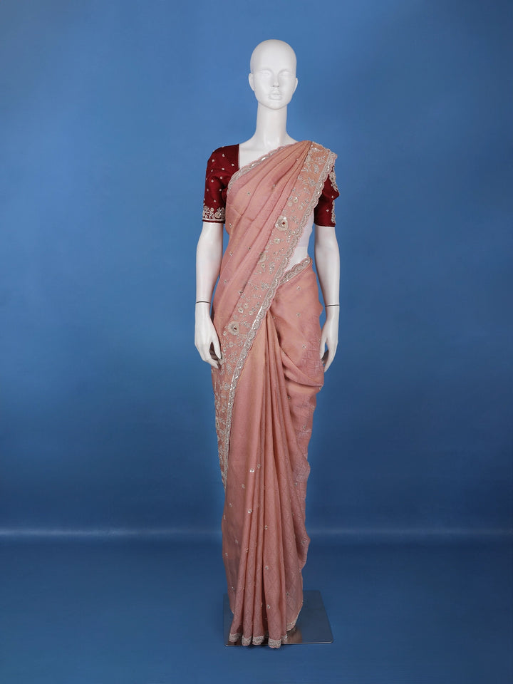 Light Pink Floral Embroidered Design Tissue Saree - Diadem
