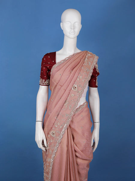 Light Pink Floral Embroidered Design Tissue Saree - Diadem