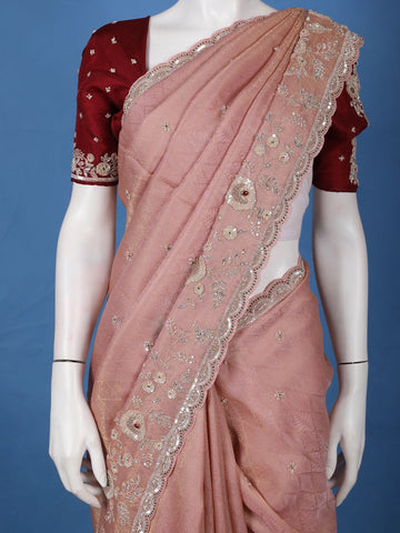 Light Pink Floral Embroidered Design Tissue Saree - Diadem