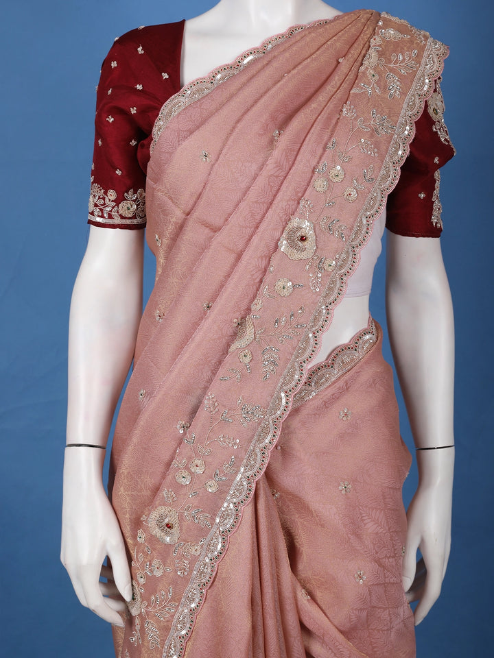 Light Pink Floral Embroidered Design Tissue Saree - Diadem