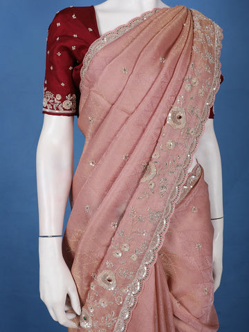 Light Pink Floral Embroidered Design Tissue Saree - Diadem