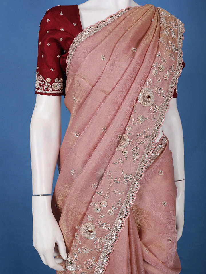 Light Pink Floral Embroidered Design Tissue Saree - Diadem