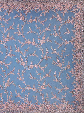 Light Pink Floral Embroidered Net Saree With Matching Blouse - Diadem