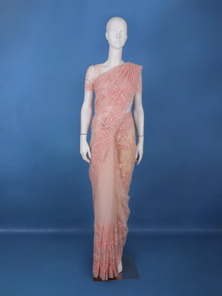Light Pink Floral Embroidered Net Saree With Matching Blouse - Diadem