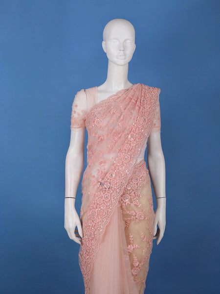 Light Pink Floral Embroidered Net Saree With Matching Blouse - Diadem