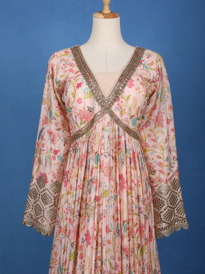 Light Pink Floral Printed Anarkali Georgette Gown - Diadem
