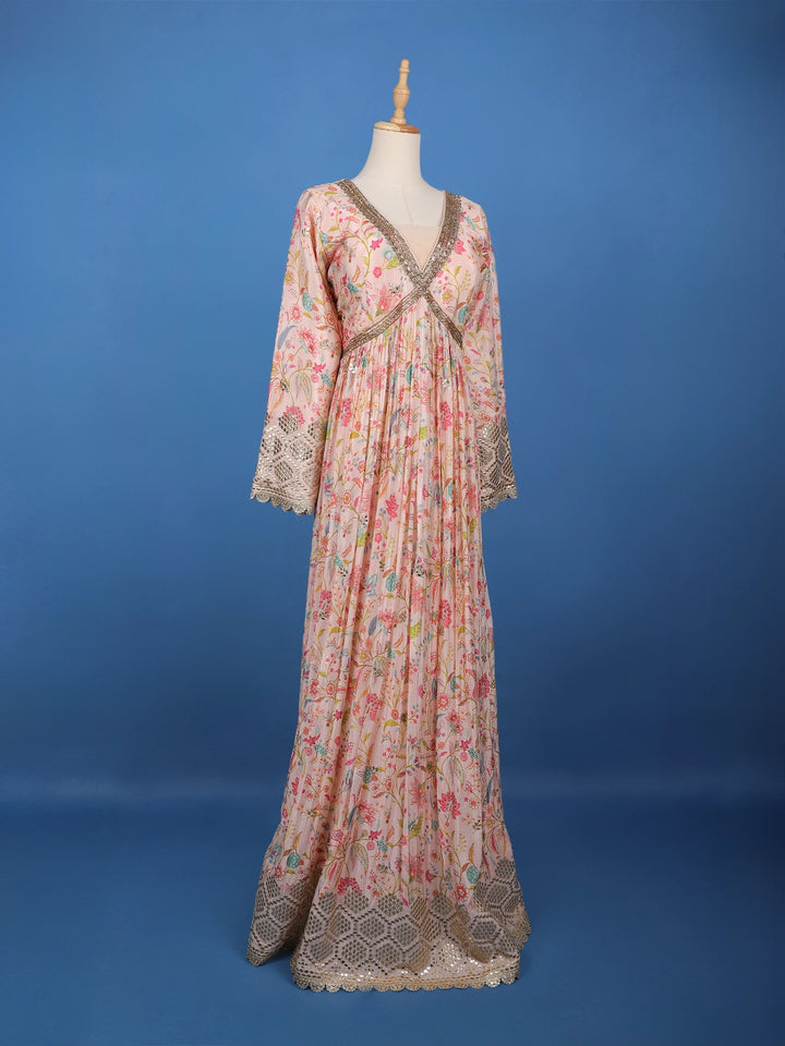 Light Pink Floral Printed Anarkali Georgette Gown - Diadem