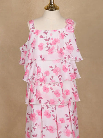 Light Pink Floral Printed Layered Ruffle Georgette Frock - Diadem