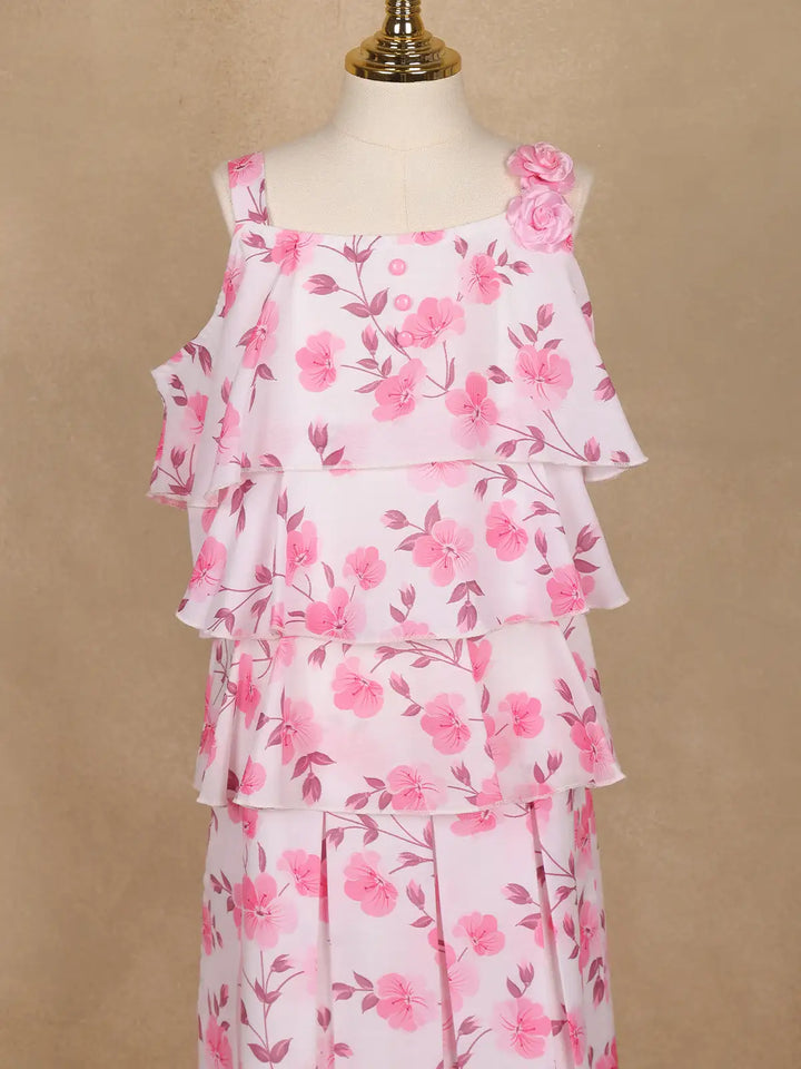 Light Pink Floral Printed Layered Ruffle Georgette Frock - Diadem