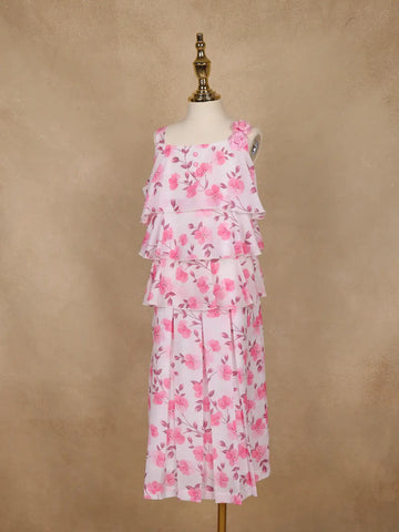 Light Pink Floral Printed Layered Ruffle Georgette Frock - Diadem