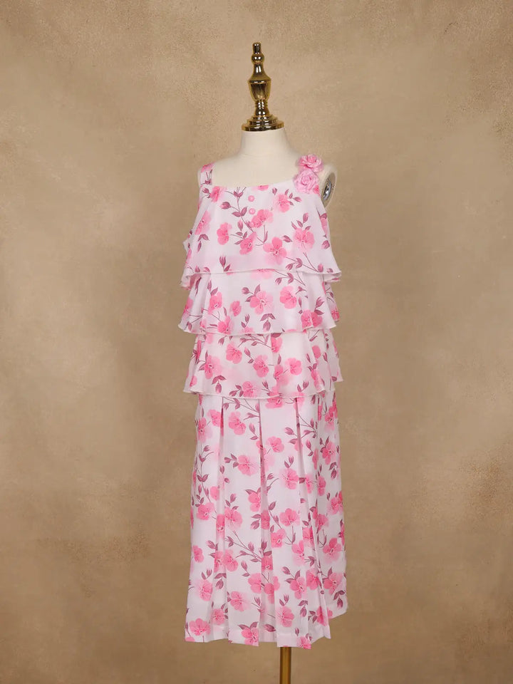 Light Pink Floral Printed Layered Ruffle Georgette Frock - Diadem