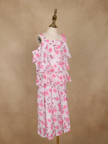 Light Pink Floral Printed Layered Ruffle Georgette Frock - Diadem