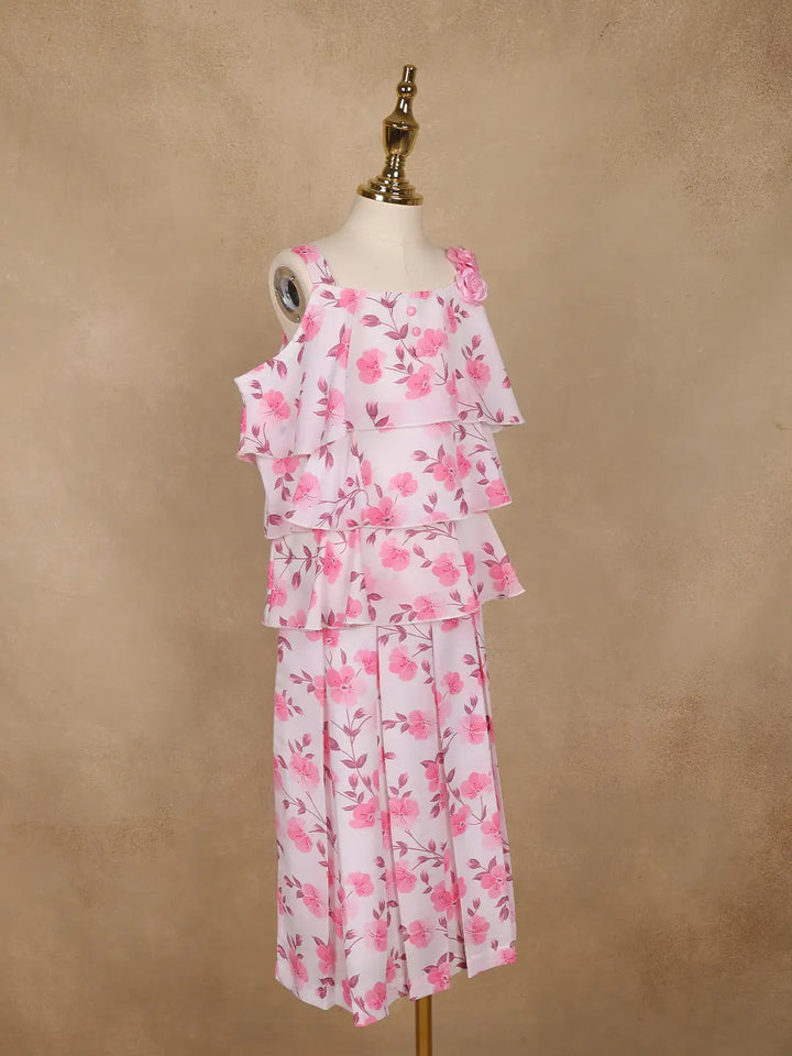 Light Pink Floral Printed Layered Ruffle Georgette Frock - Diadem