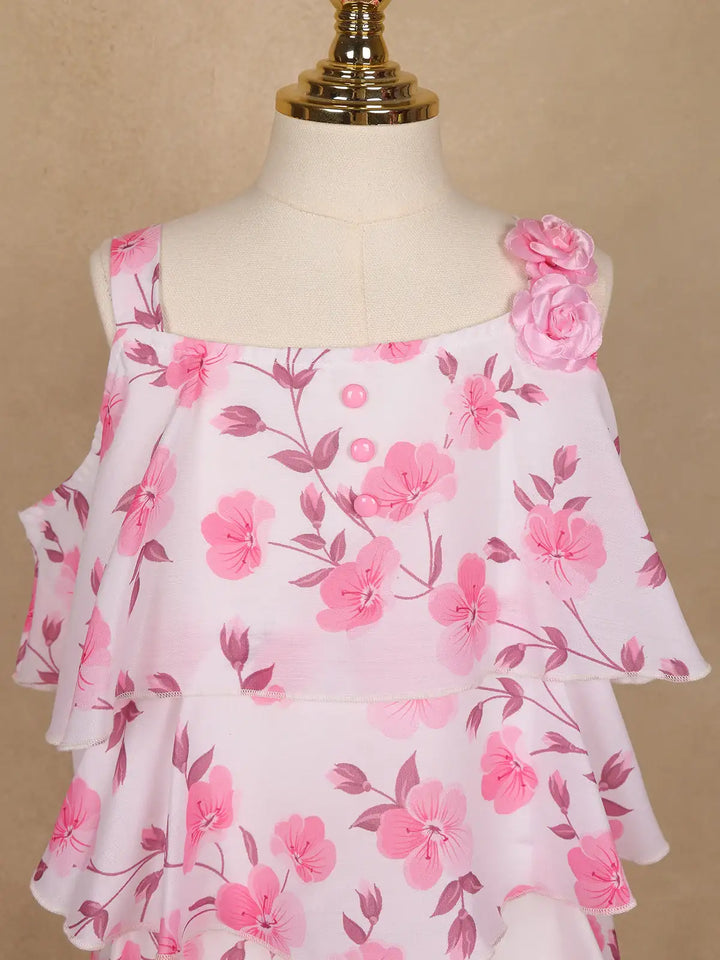 Light Pink Floral Printed Layered Ruffle Georgette Frock - Diadem