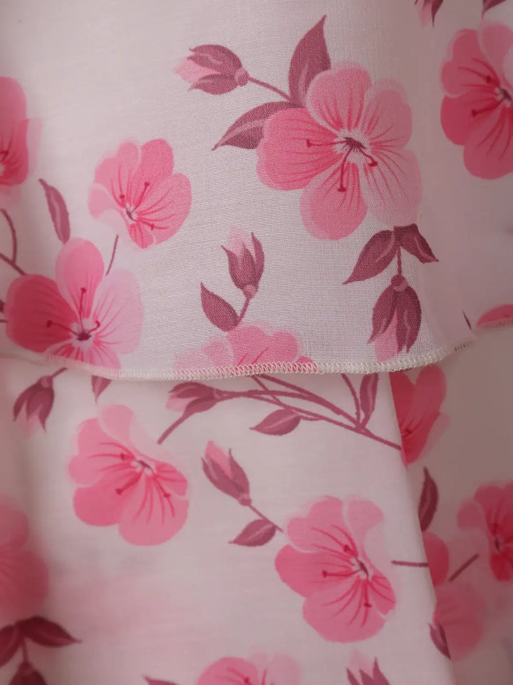 Light Pink Floral Printed Layered Ruffle Georgette Frock - Diadem