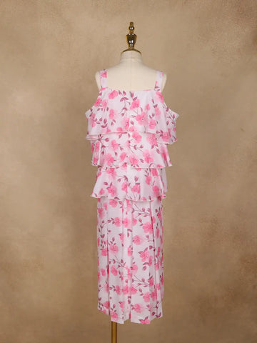 Light Pink Floral Printed Layered Ruffle Georgette Frock - Diadem