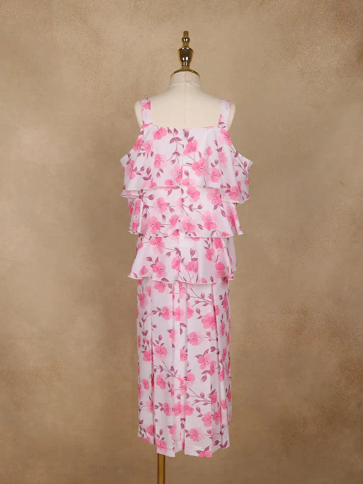 Light Pink Floral Printed Layered Ruffle Georgette Frock - Diadem