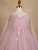 Light Pink Glitter Net Kids Party Wear Gown With 3D Floral Embellishments