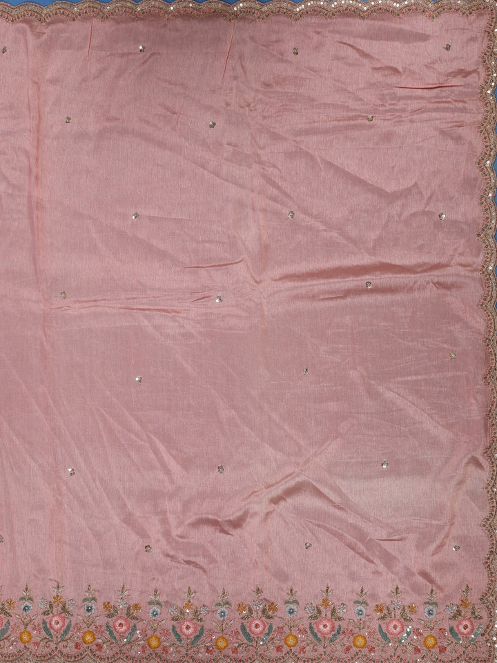 Light Pink Solid Design Satin Saree With Floral Scalloped Border - Diadem
