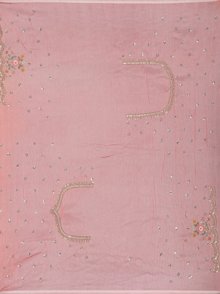 Light Pink Solid Design Satin Saree With Floral Scalloped Border - Diadem