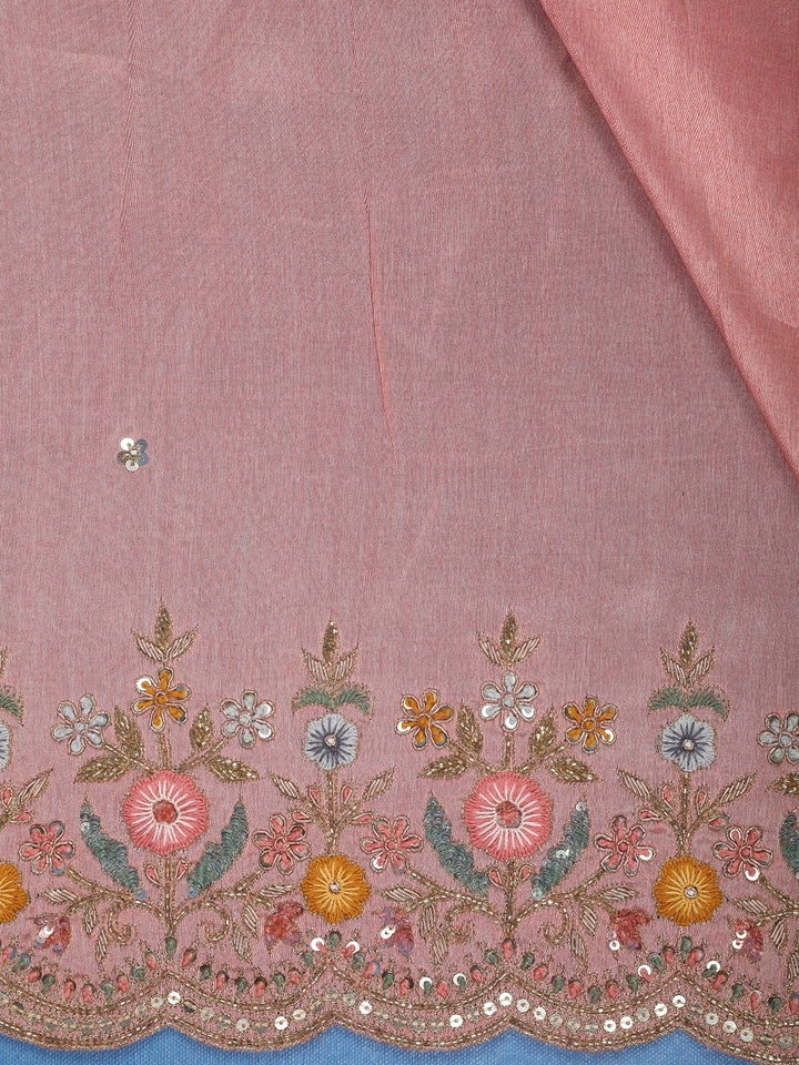 Light Pink Solid Design Satin Saree With Floral Scalloped Border - Diadem