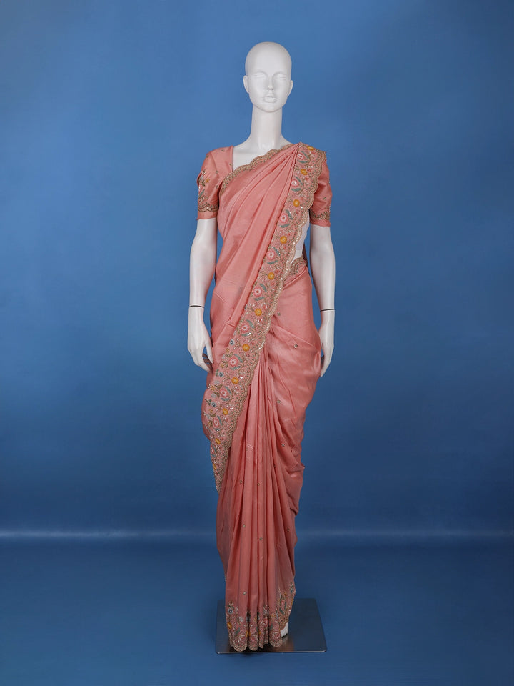 Light Pink Solid Design Satin Saree With Floral Scalloped Border - Diadem
