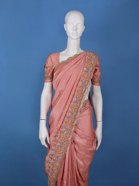 Light Pink Solid Design Satin Saree With Floral Scalloped Border - Diadem