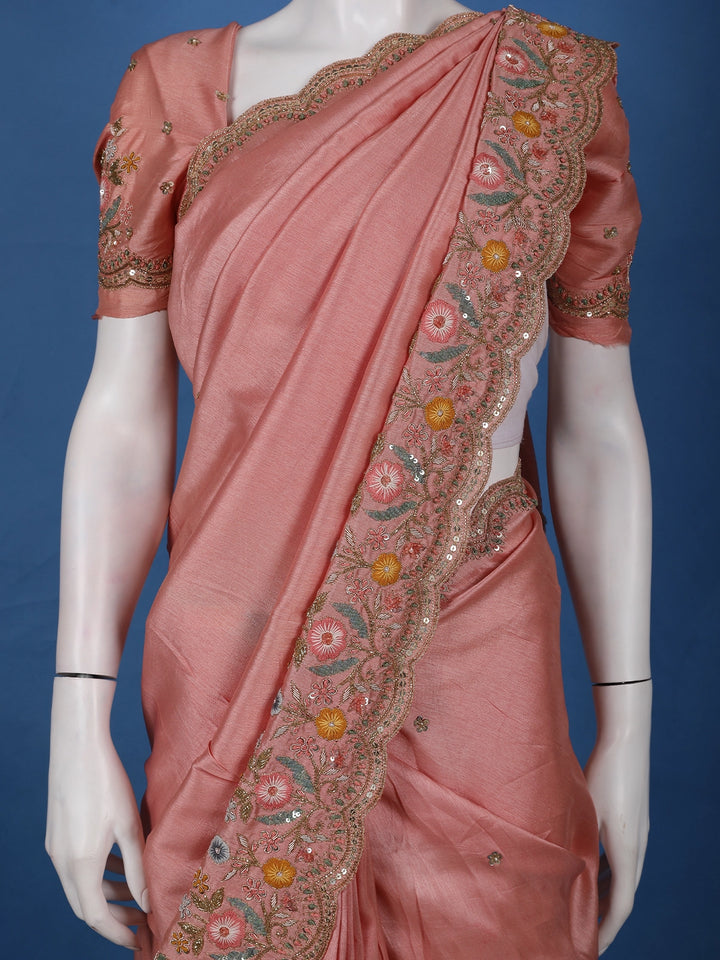 Light Pink Solid Design Satin Saree With Floral Scalloped Border - Diadem