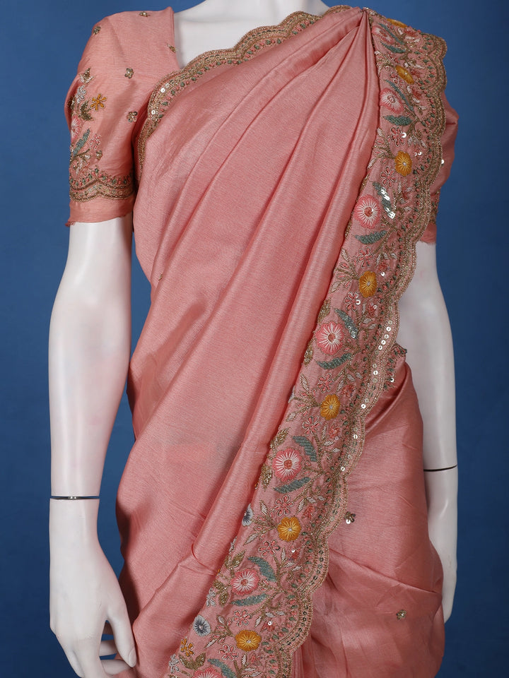 Light Pink Solid Design Satin Saree With Floral Scalloped Border - Diadem