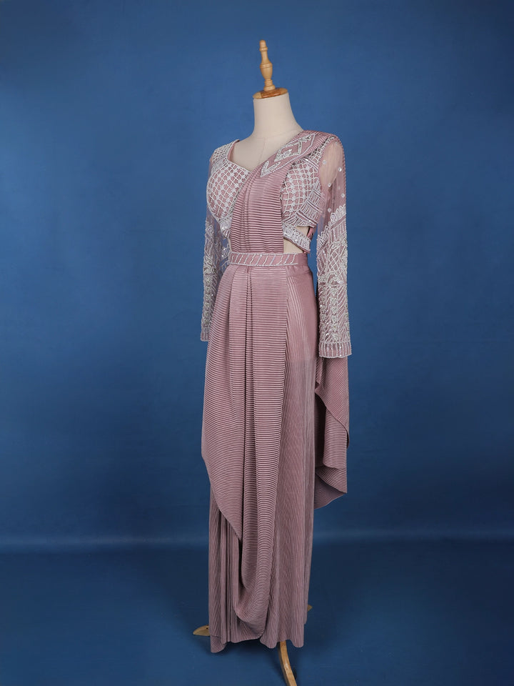 Light Pink Stripes Design Satin Ready To Wear Saree With Designer Blouse - Diadem