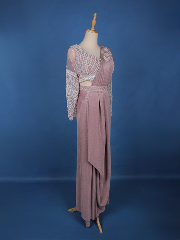 Light Pink Stripes Design Satin Ready To Wear Saree With Designer Blouse - Diadem