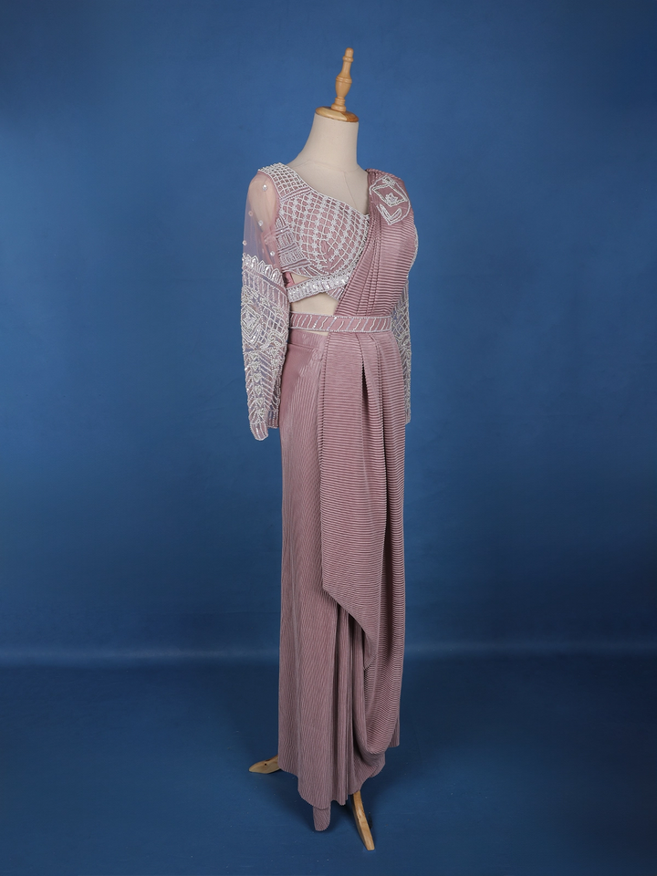 Light Pink Stripes Design Satin Ready To Wear Saree With Designer Blouse - Diadem