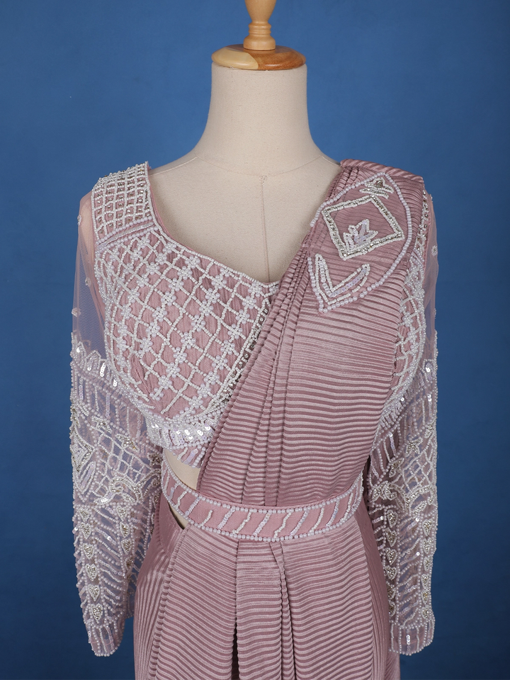 Light Pink Stripes Design Satin Ready To Wear Saree With Designer Blouse - Diadem