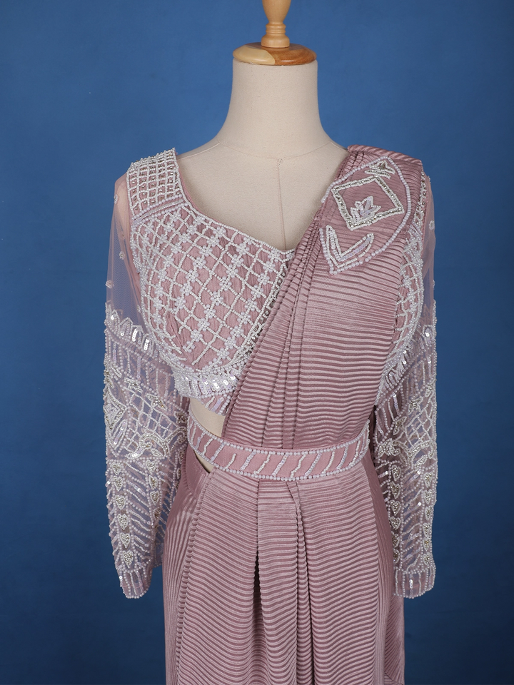 Light Pink Stripes Design Satin Ready To Wear Saree With Designer Blouse - Diadem
