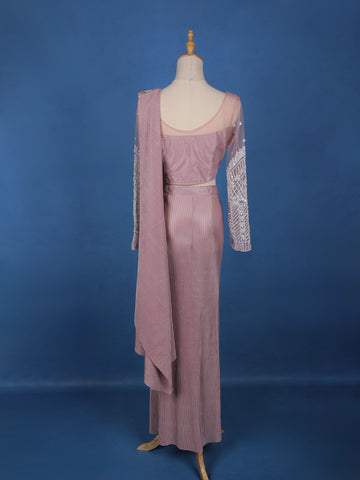 Light Pink Stripes Design Satin Ready To Wear Saree With Designer Blouse - Diadem